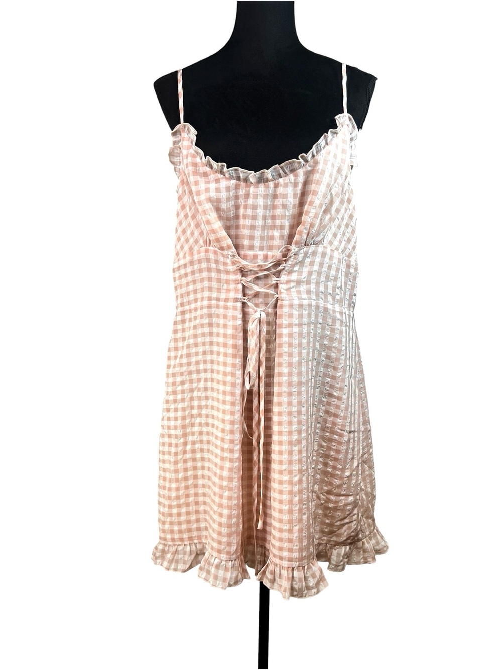 Sugar Thrillz Gingham Pink White Lace Up Mini Dress Size 2X Lolita Coquette Boho